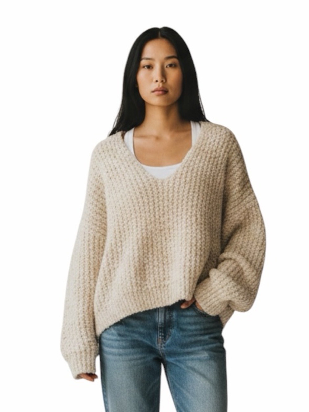 POL Cropped Oversized Chunky Popcorn Knit V Neck Pullover Textured Fuzzy Cream L